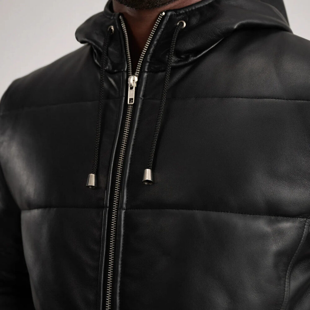 Kian Black Hooded Leather Puffer Coat for Men