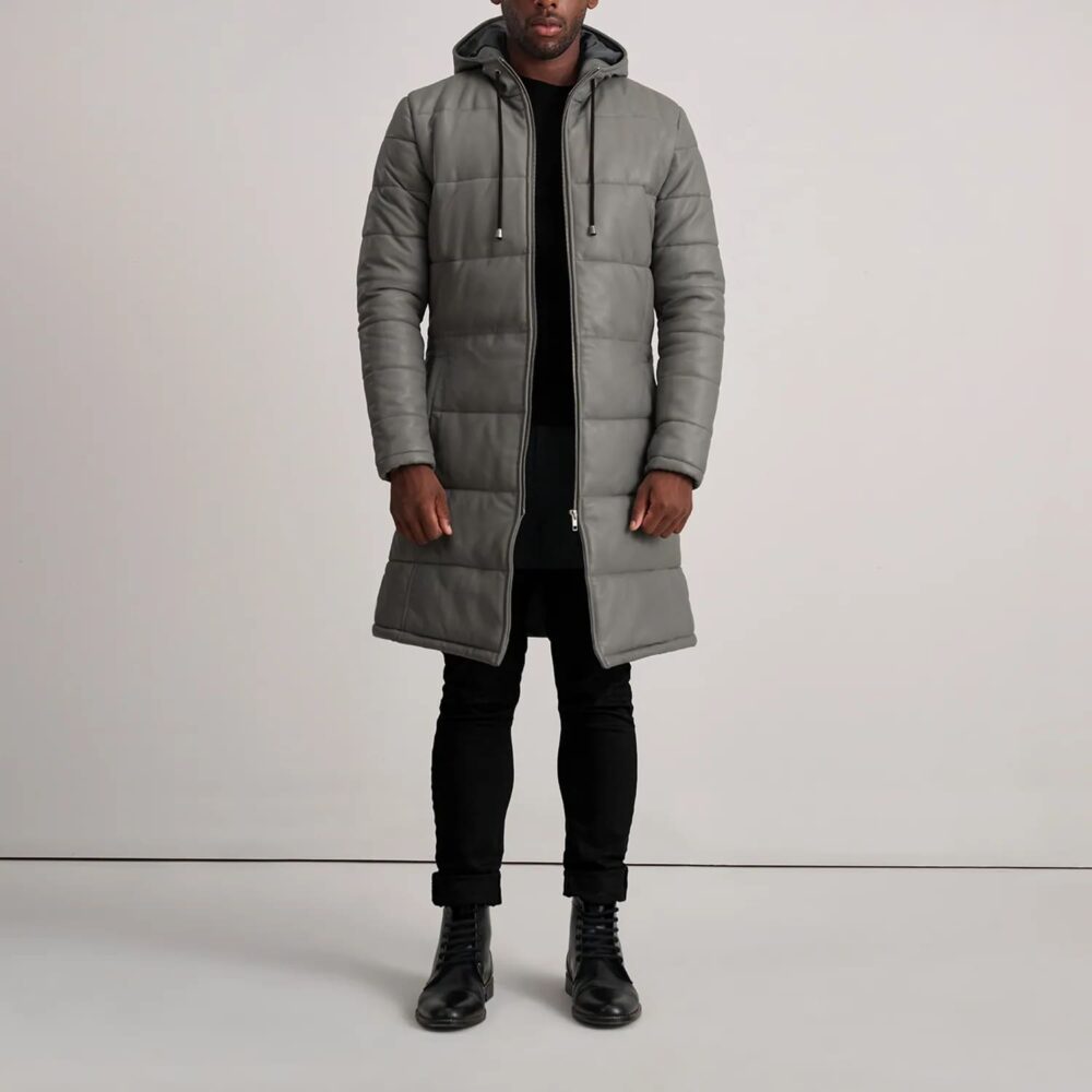 Kian Grey Hooded Leather Puffer Coat for Men