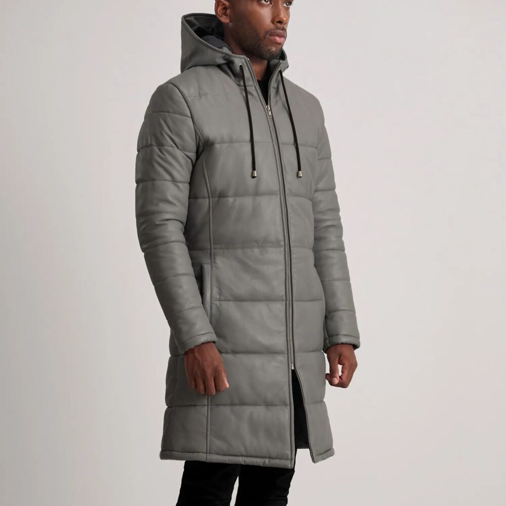 Kian Grey Hooded Leather Puffer Coat for Men