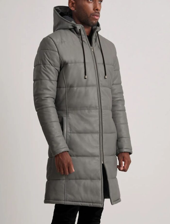 Kian Grey Hooded Leather Puffer Coat for Men