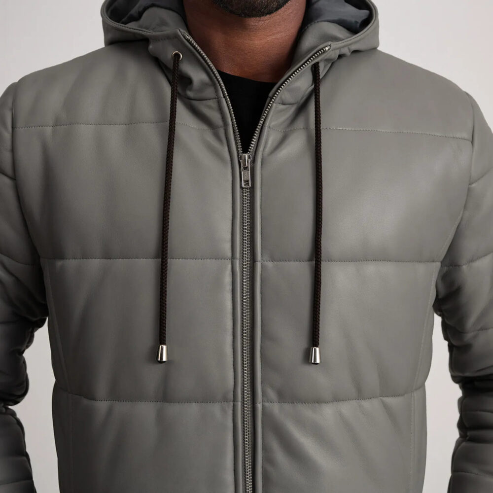 Kian Grey Hooded Leather Puffer Coat for Men