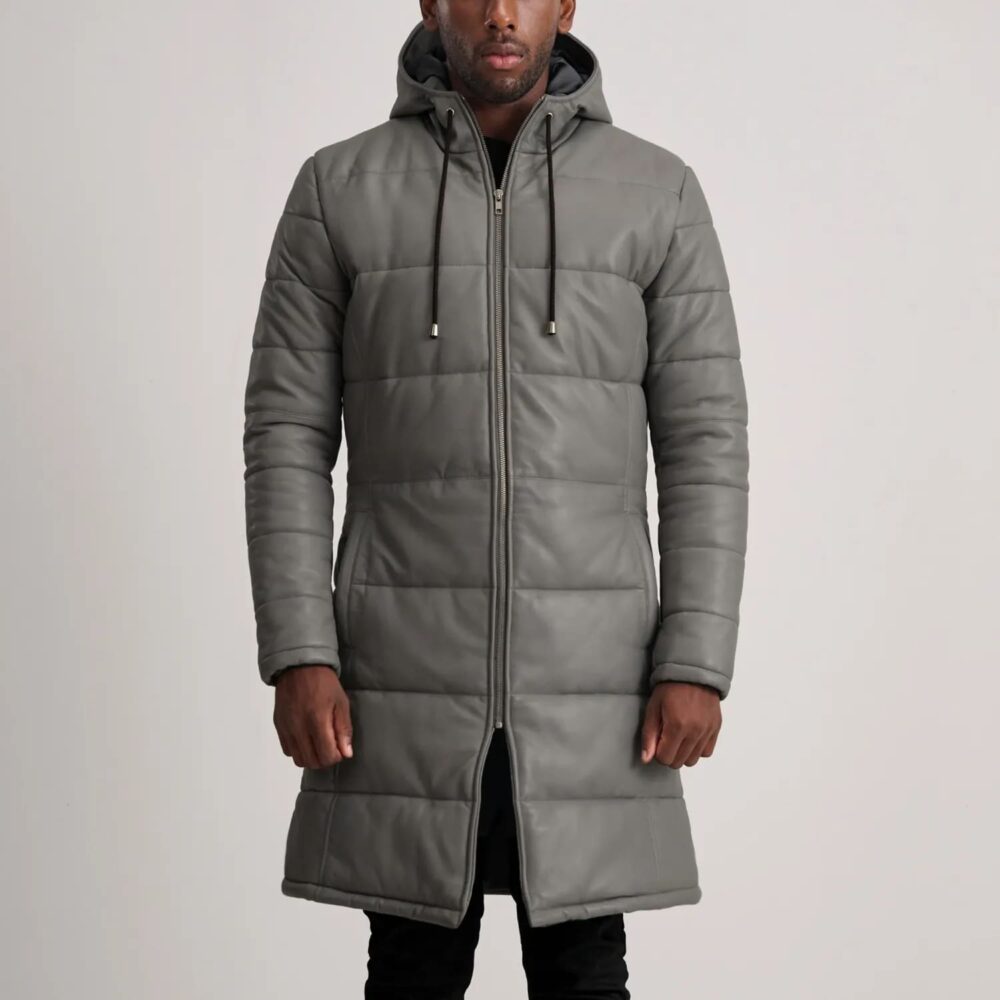 Kian Grey Hooded Leather Puffer Coat for Men