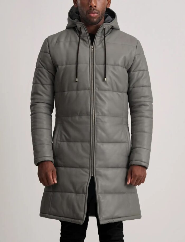 Kian Grey Hooded Leather Puffer Coat for Men