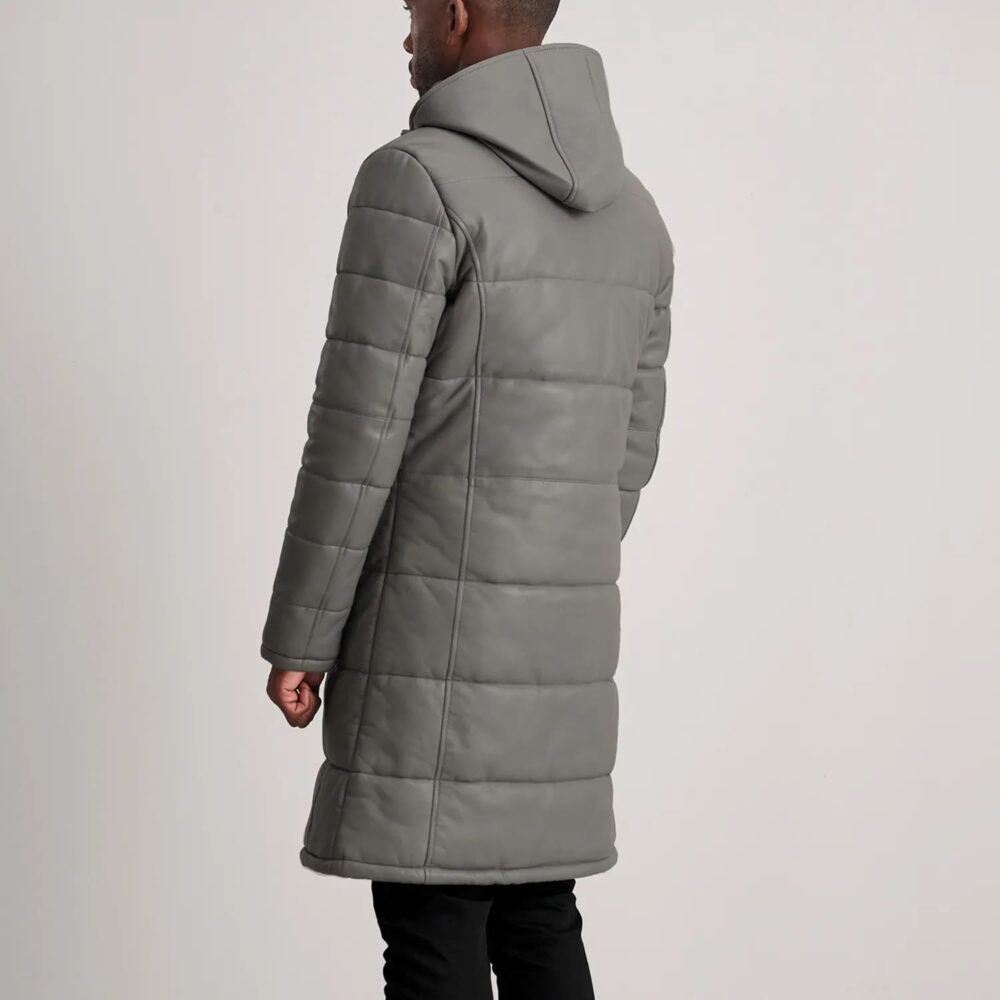 Kian Grey Hooded Leather Puffer Coat for Men