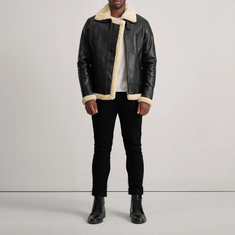 Falcon B-3 Black & Cream Leather Bomber Jacket for Men