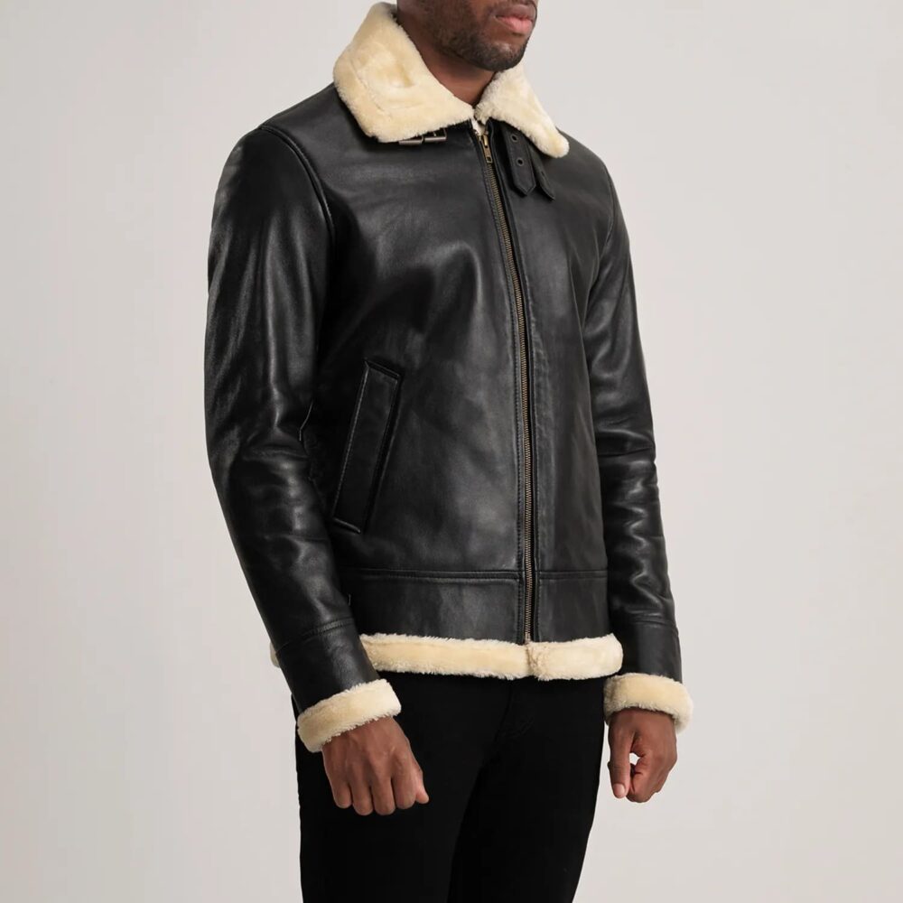 Falcon B-3 Black & Cream Leather Bomber Jacket for Men