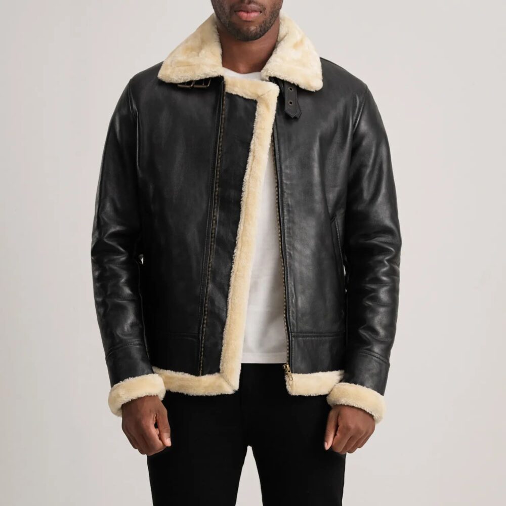 Falcon B-3 Black & Cream Leather Bomber Jacket for Men