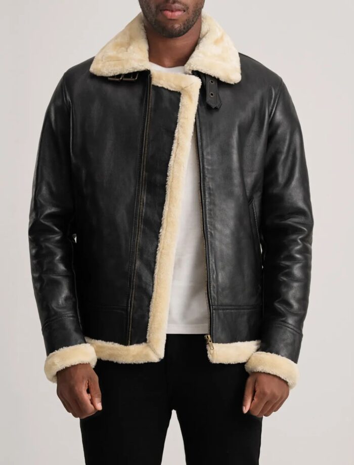 Falcon B-3 Black & Cream Leather Bomber Jacket for Men