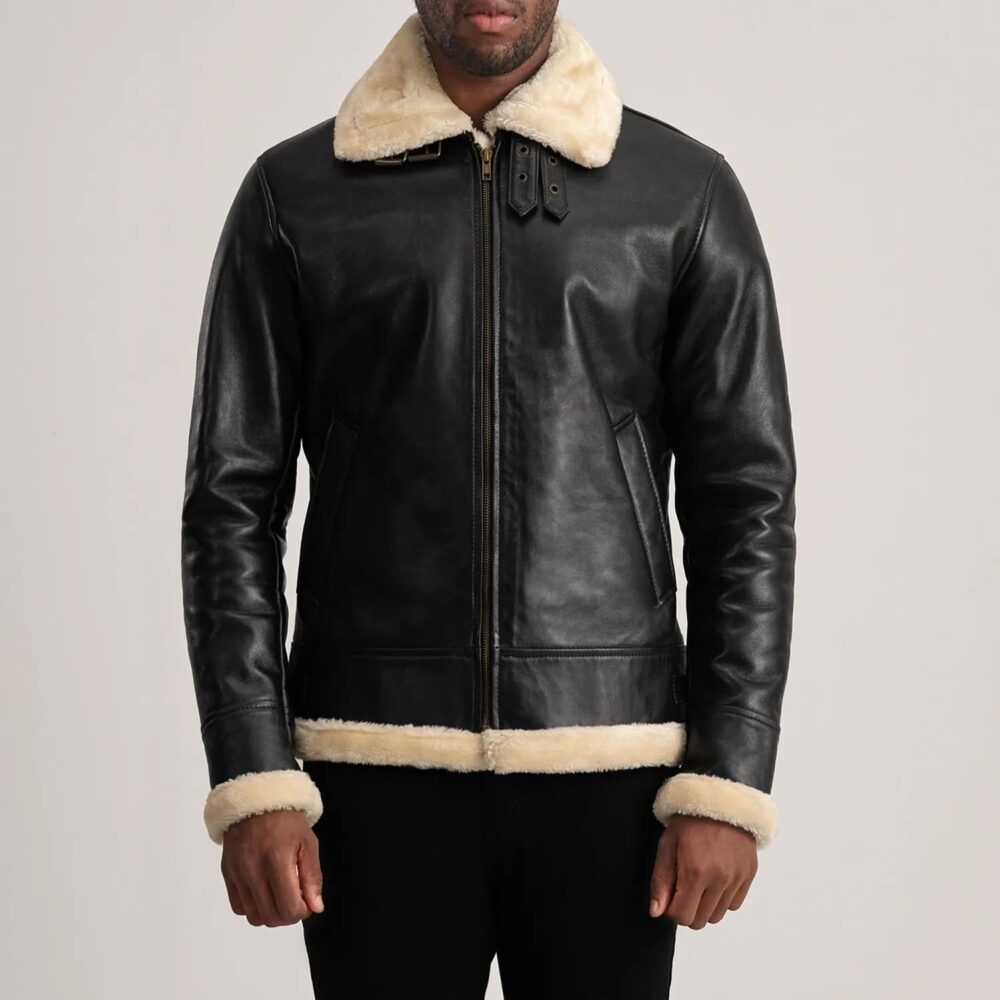 Falcon B-3 Black & Cream Leather Bomber Jacket for Men