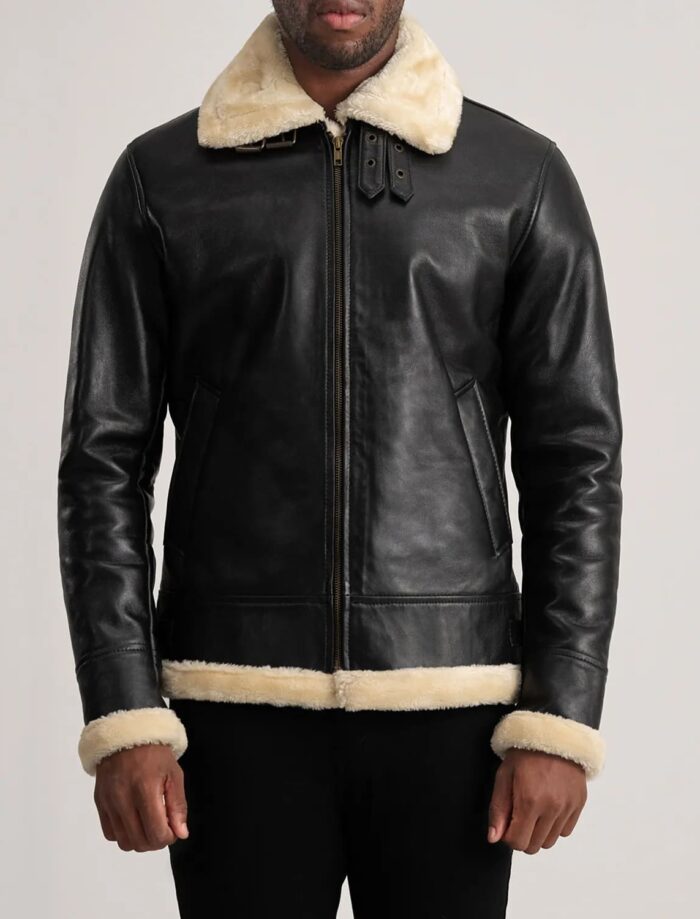 Falcon B-3 Black & Cream Leather Bomber Jacket for Men