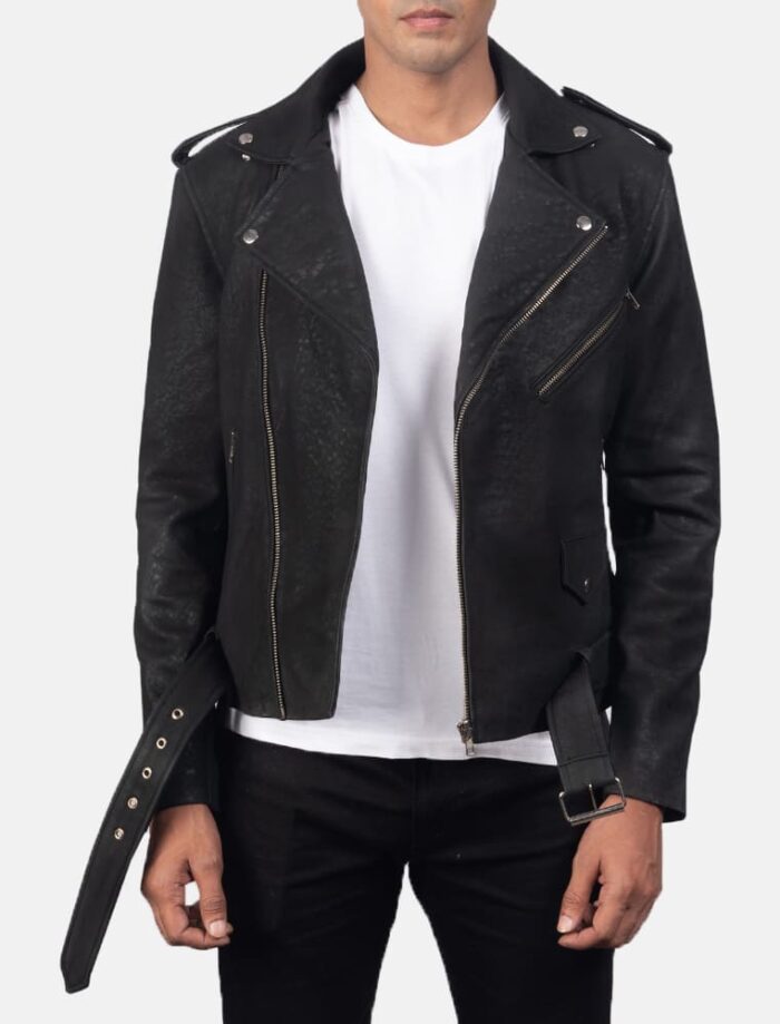 Havencroft Men's Distressed Black Leather Biker Jacket