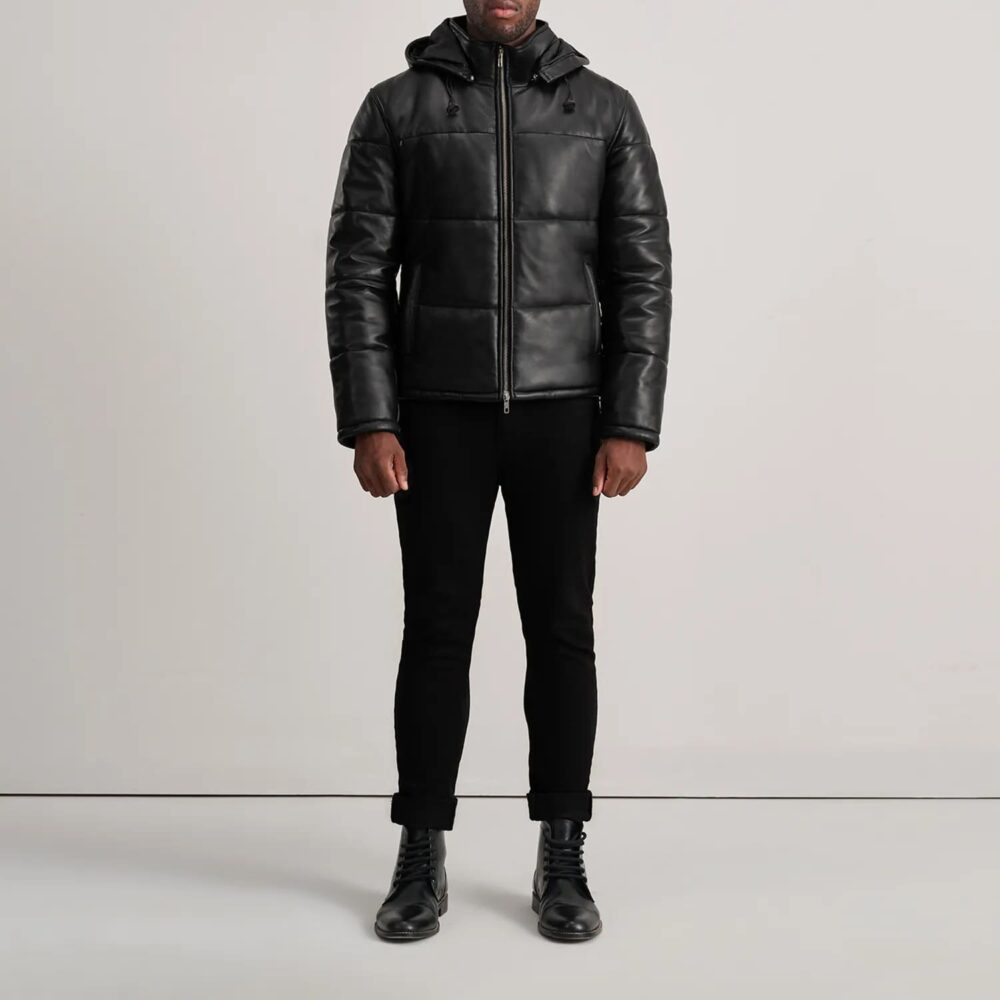 Axel Black Hooded Leather Puffer Jacket for Men