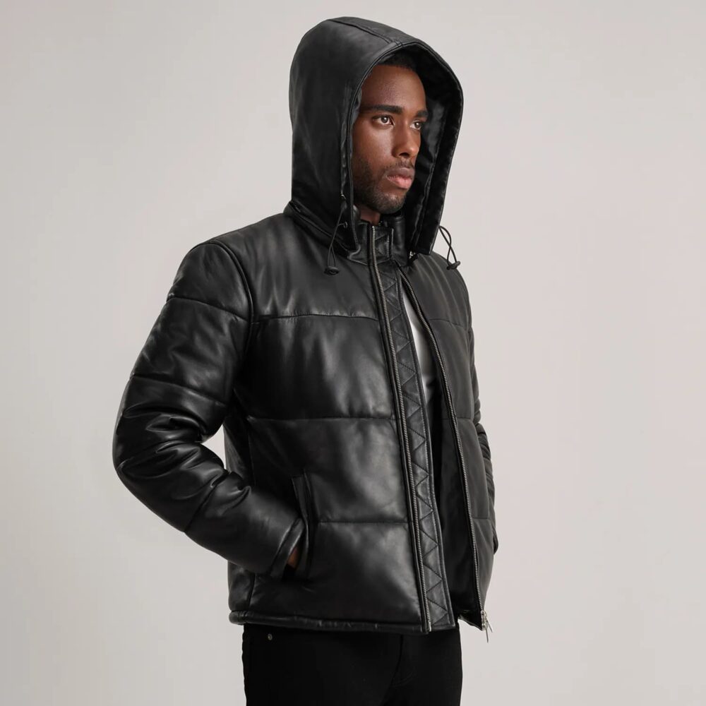 Axel Black Hooded Leather Puffer Jacket for Men