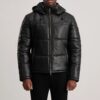 Axel Black Hooded Leather Puffer Jacket for Men