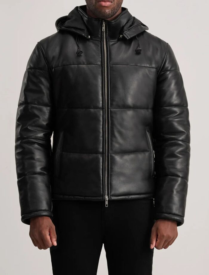 Axel Black Hooded Leather Puffer Jacket for Men