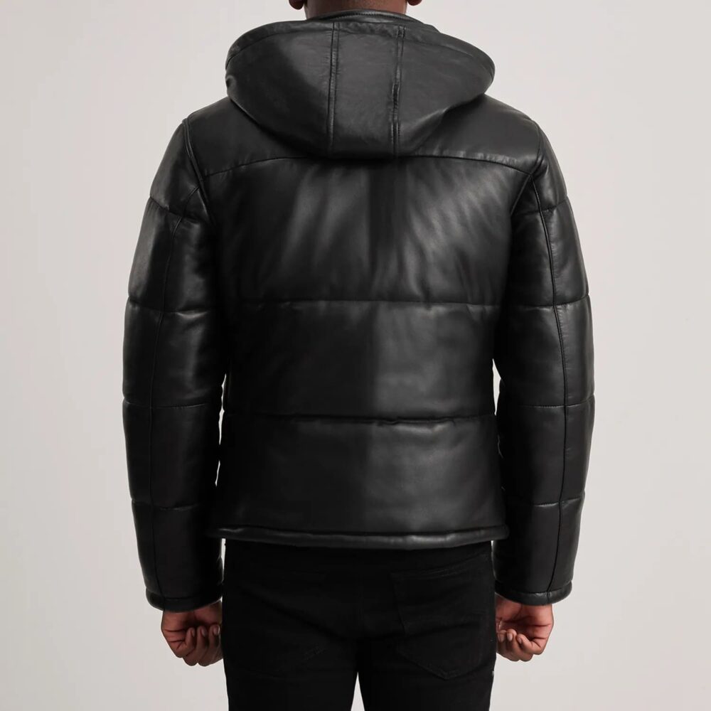 Axel Black Hooded Leather Puffer Jacket for Men