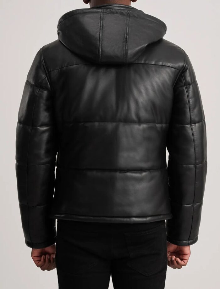 Axel Black Hooded Leather Puffer Jacket for Men