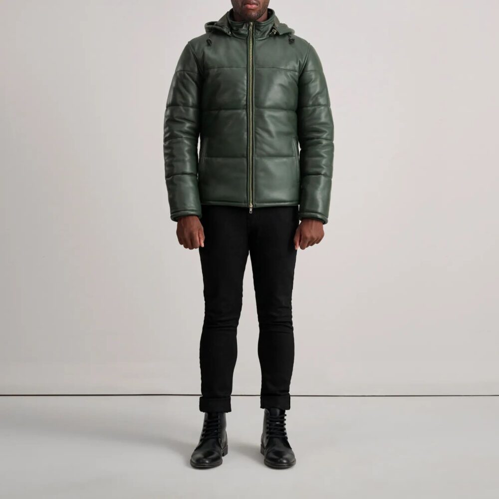 Axel Green Hooded Leather Puffer Jacket for Men