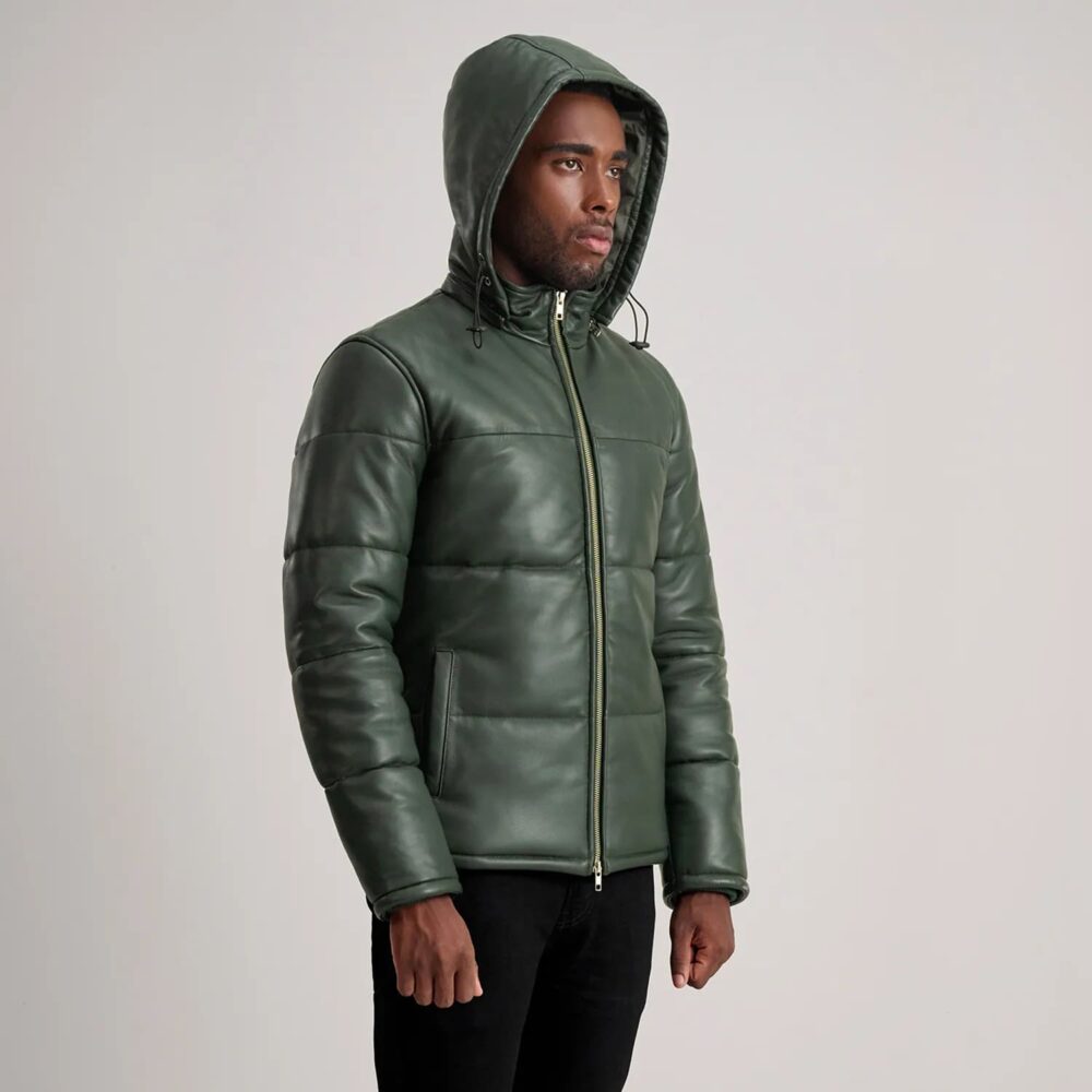 Axel Green Hooded Leather Puffer Jacket for Men