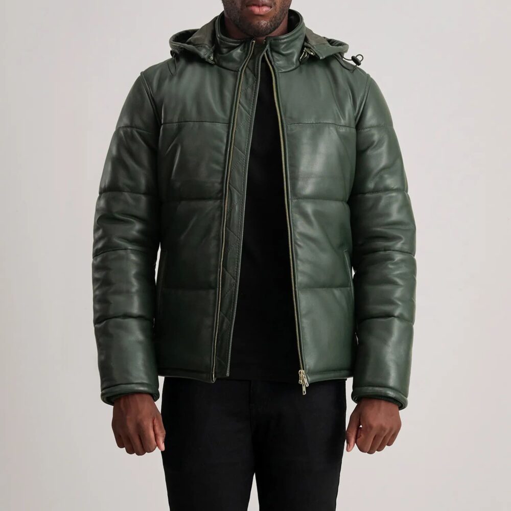 Axel Green Hooded Leather Puffer Jacket for Men