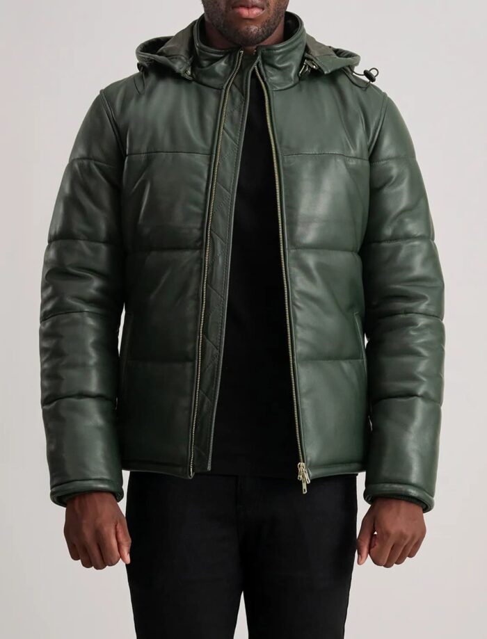 Axel Green Hooded Leather Puffer Jacket for Men