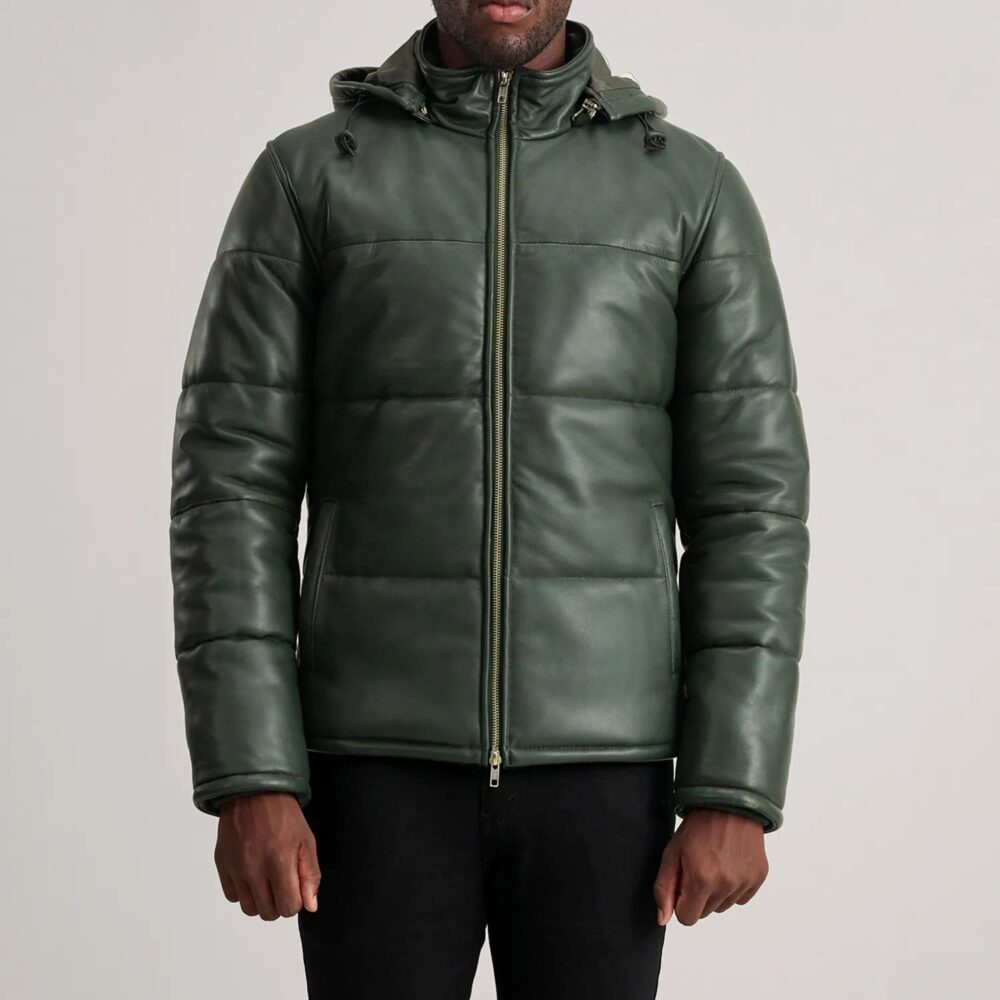 Axel Green Hooded Leather Puffer Jacket for Men