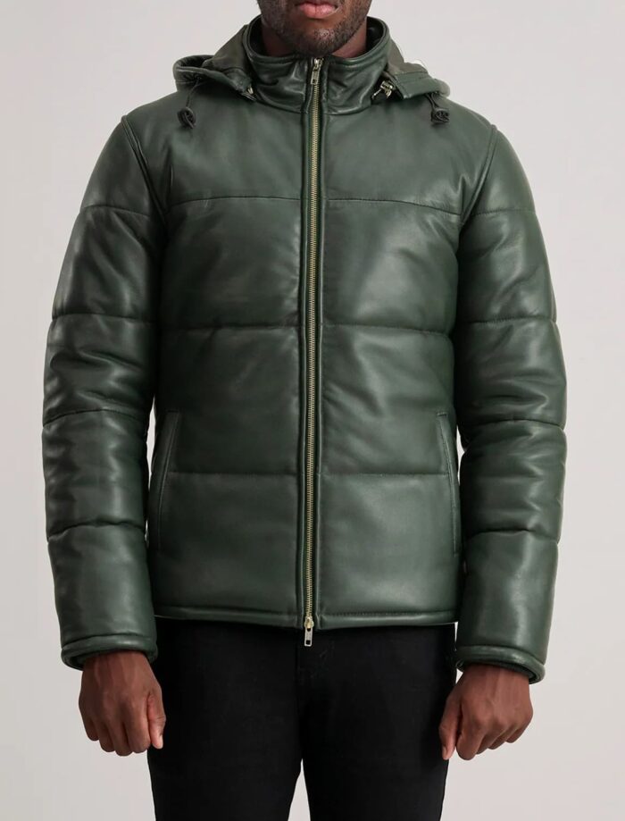 Axel Green Hooded Leather Puffer Jacket for Men