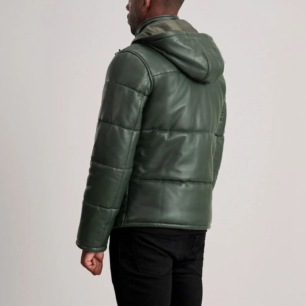 Axel Green Hooded Leather Puffer Jacket for Men