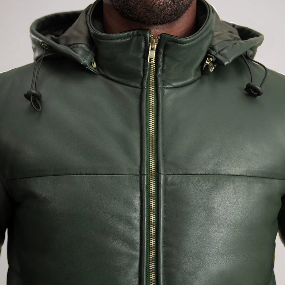 Axel Green Hooded Leather Puffer Jacket for Men