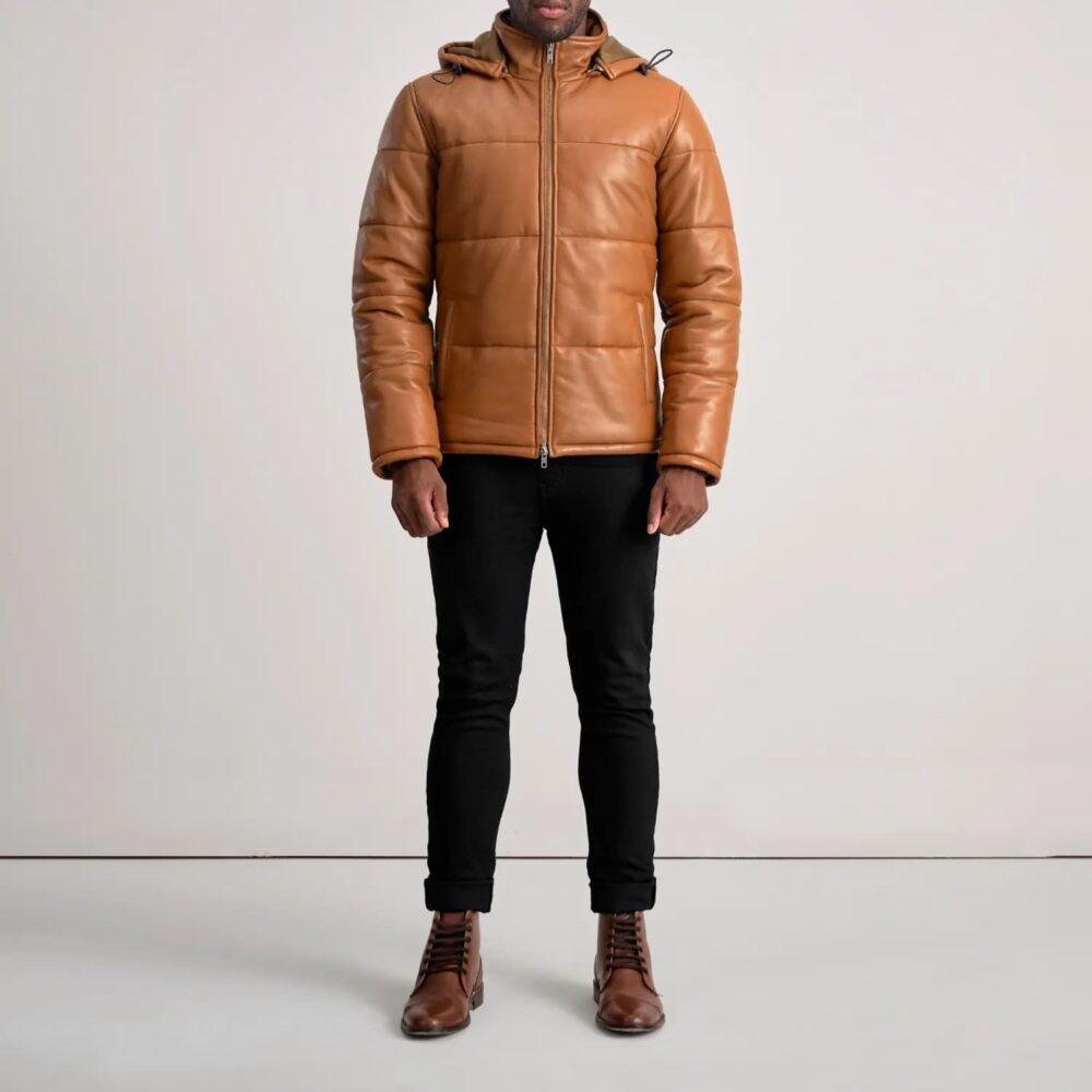 Axel Tan Hooded Leather Puffer Jacket for Men