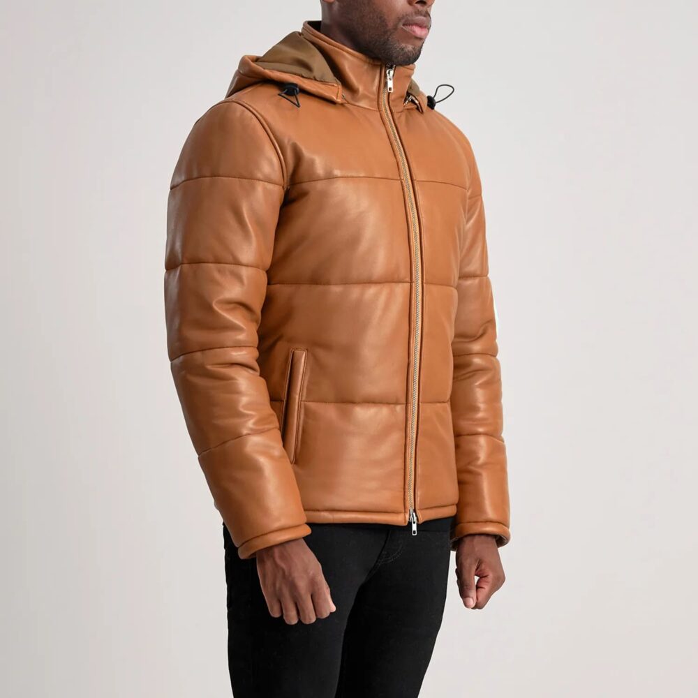 Axel Tan Hooded Leather Puffer Jacket for Men