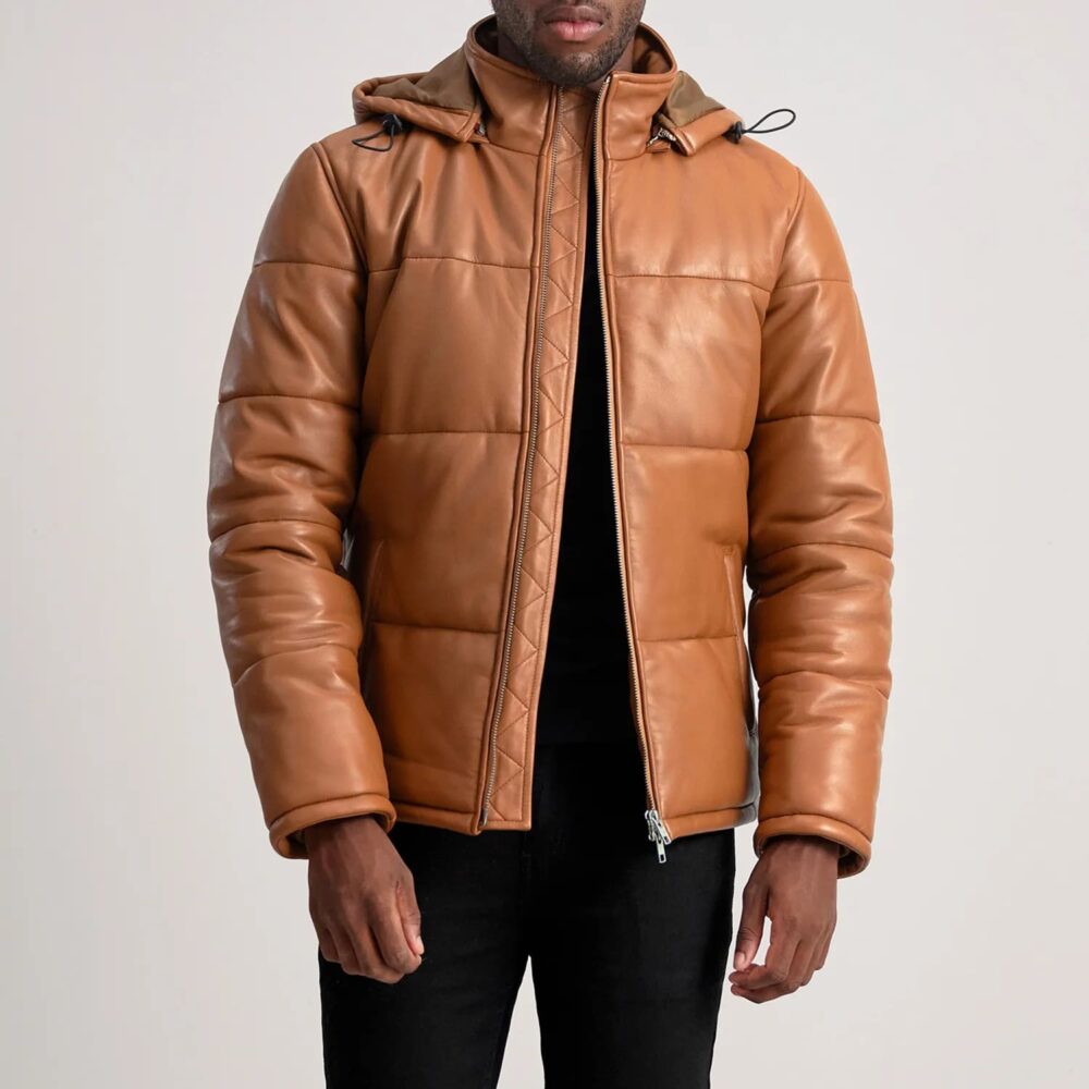 Axel Tan Hooded Leather Puffer Jacket for Men