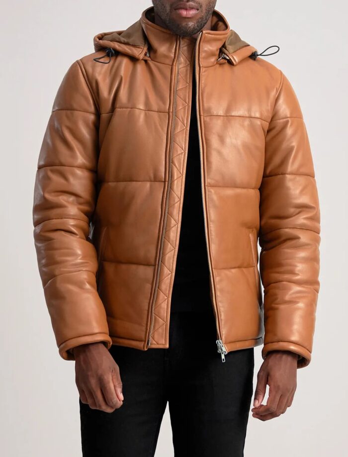 Axel Tan Hooded Leather Puffer Jacket for Men