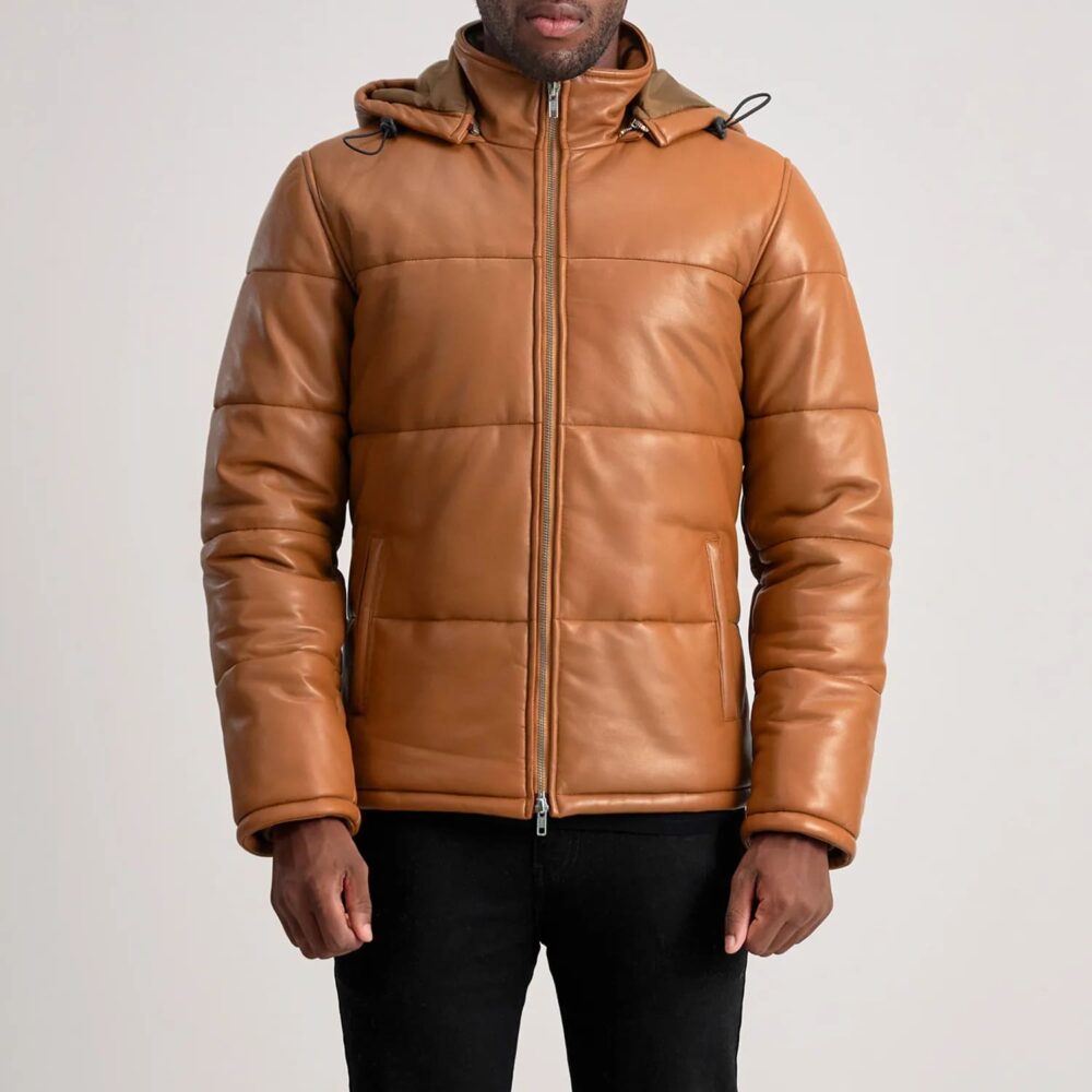 Axel Tan Hooded Leather Puffer Jacket for Men