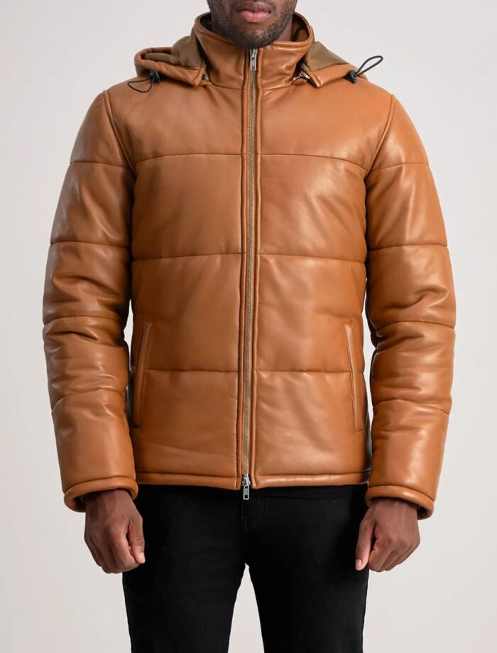 Axel Tan Hooded Leather Puffer Jacket for Men