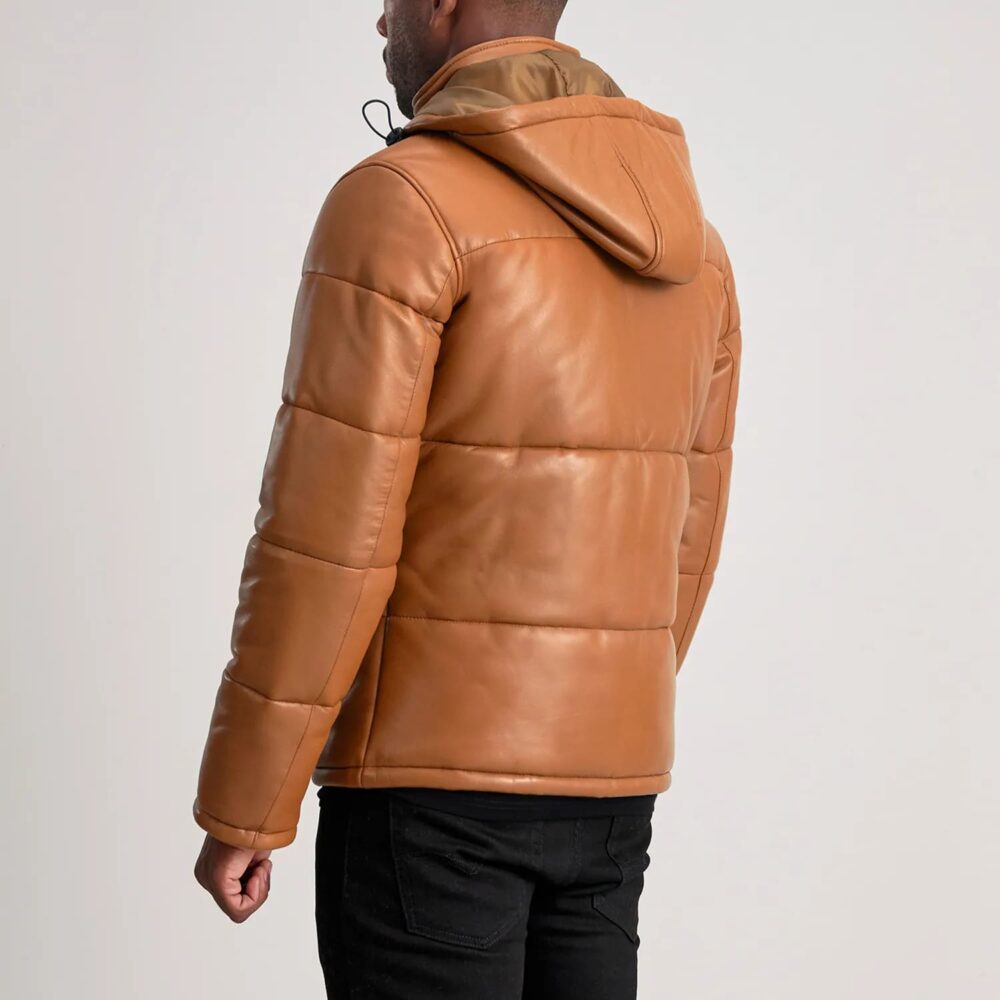 Axel Tan Hooded Leather Puffer Jacket for Men