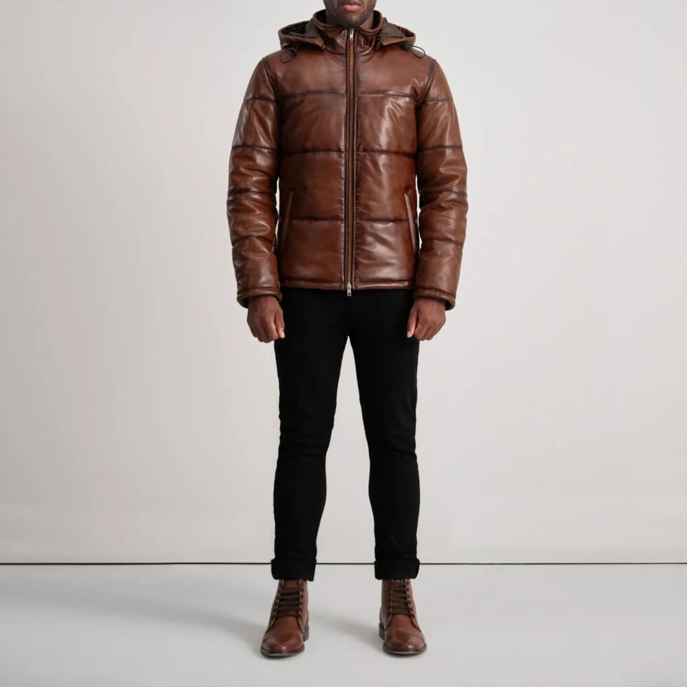 Axel Waxed Brown Hooded Leather Puffer Jacket for Men