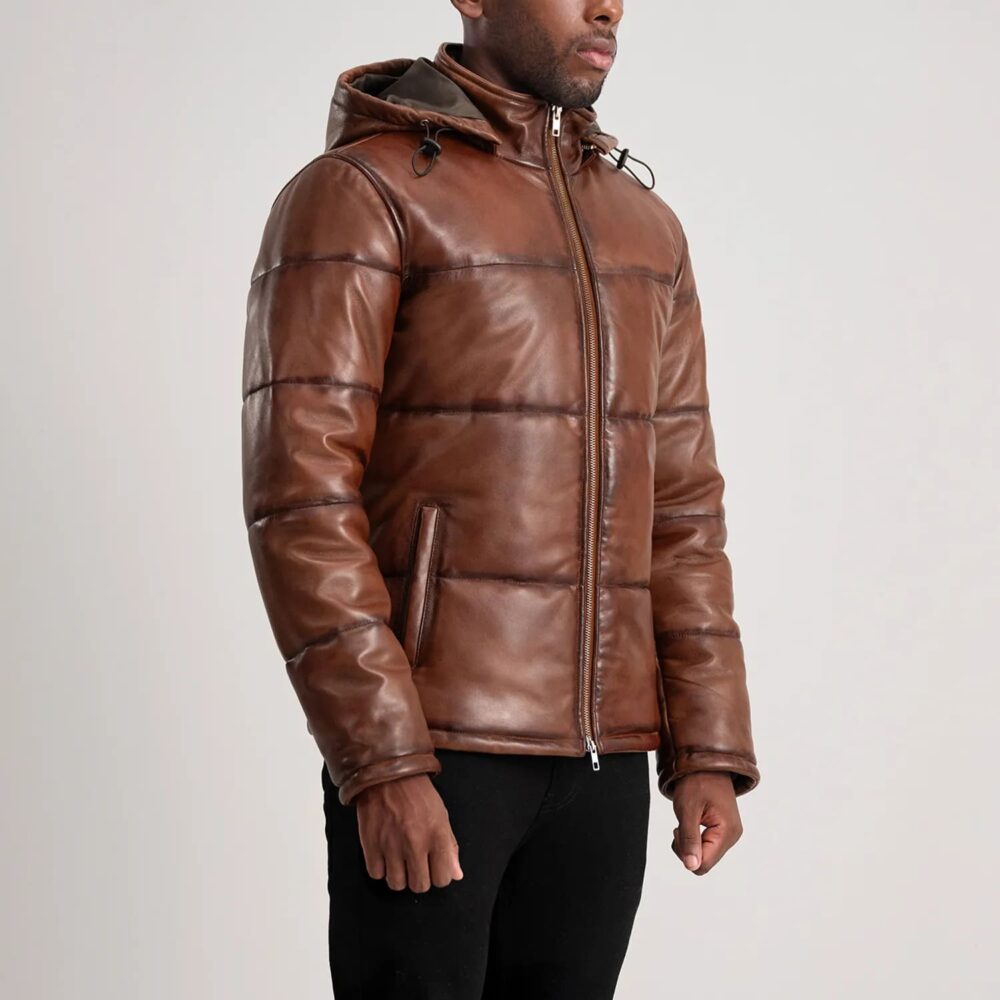 Axel Waxed Brown Hooded Leather Puffer Jacket for Men