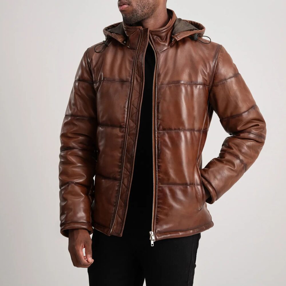 Axel Waxed Brown Hooded Leather Puffer Jacket for Men