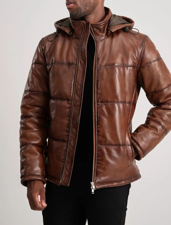 Axel Waxed Brown Hooded Leather Puffer Jacket for Men