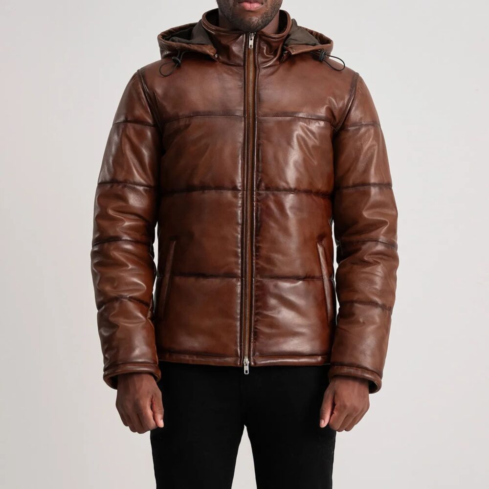 Axel Waxed Brown Hooded Leather Puffer Jacket for Men