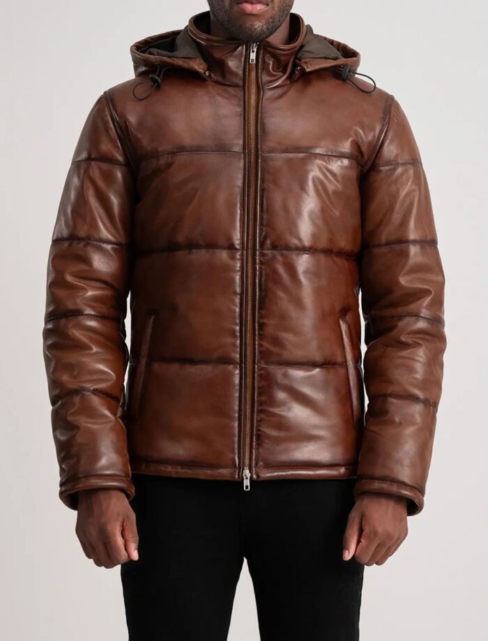 Axel Waxed Brown Hooded Leather Puffer Jacket for Men