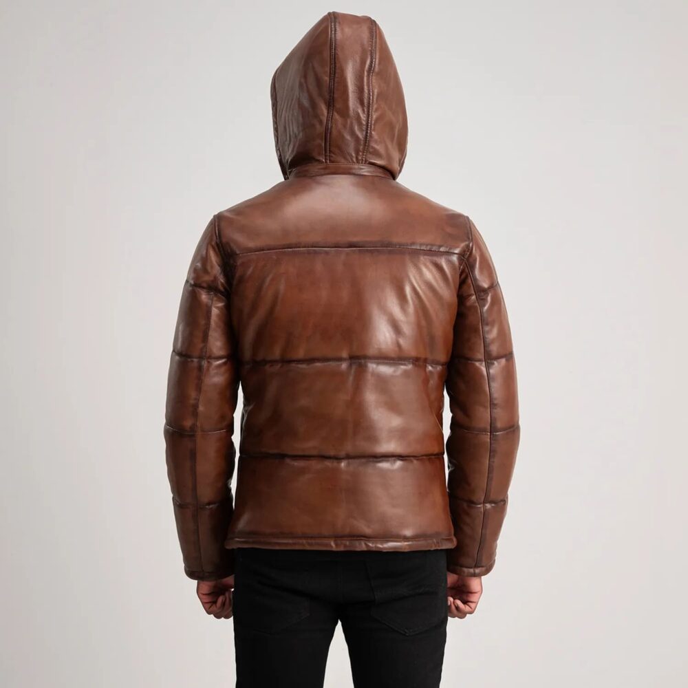 Axel Waxed Brown Hooded Leather Puffer Jacket for Men