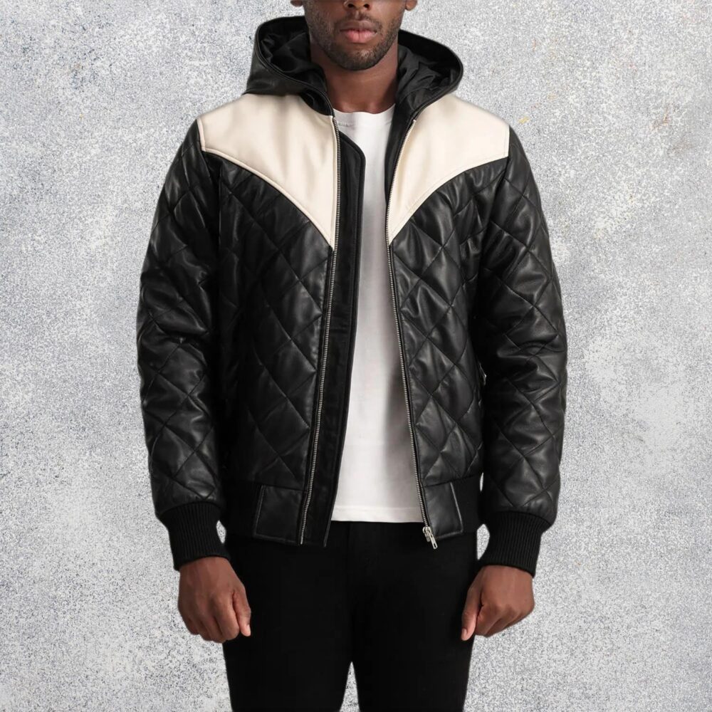 Grayson Black Hooded Bomber Leather Puffer Jacket for Men