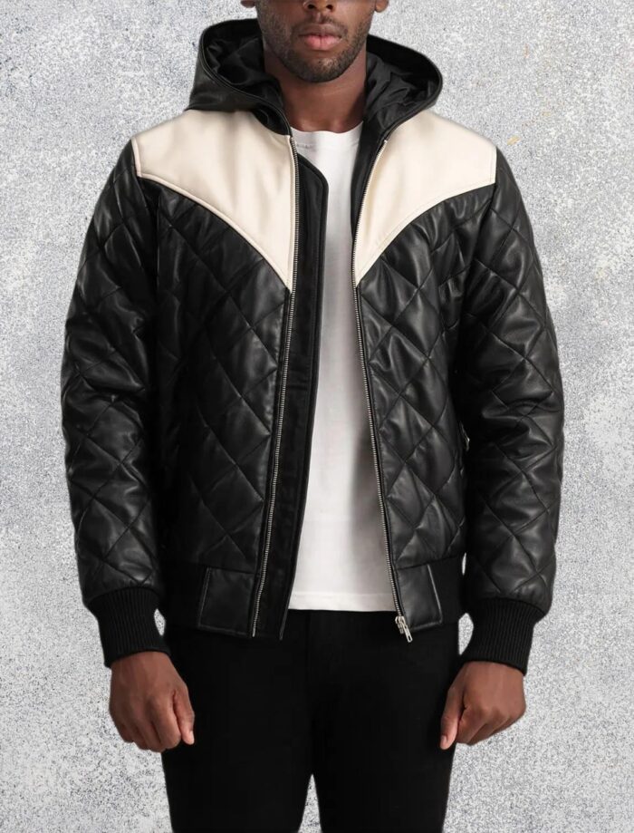 Grayson Black Hooded Bomber Leather Puffer Jacket for Men