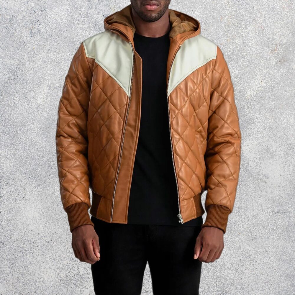 Grayson Tan Hooded Bomber Leather Puffer Jacket for Men
