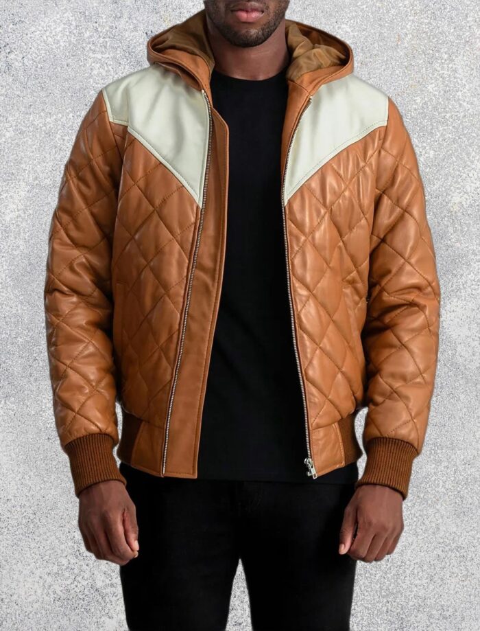 Grayson Tan Hooded Bomber Leather Puffer Jacket for Men