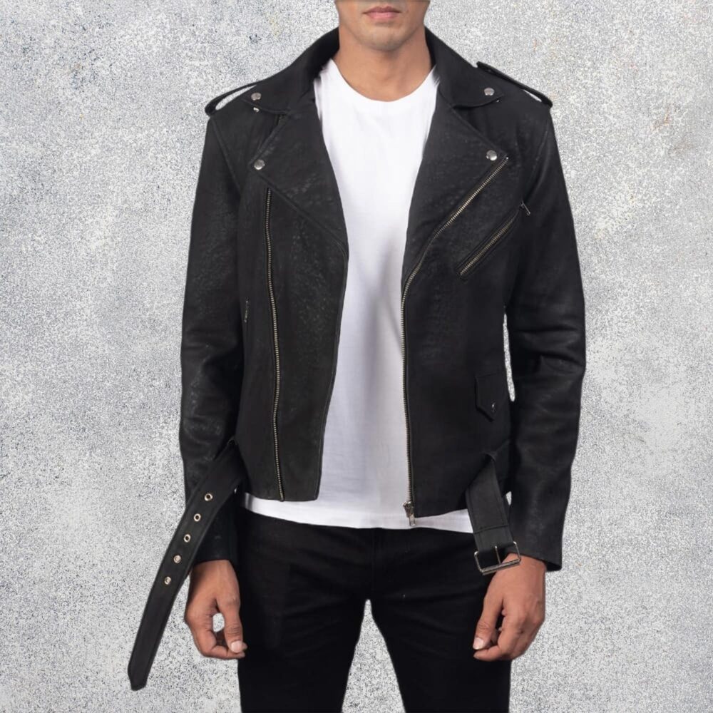 Havencroft Men's Distressed Black Leather Biker Jacket