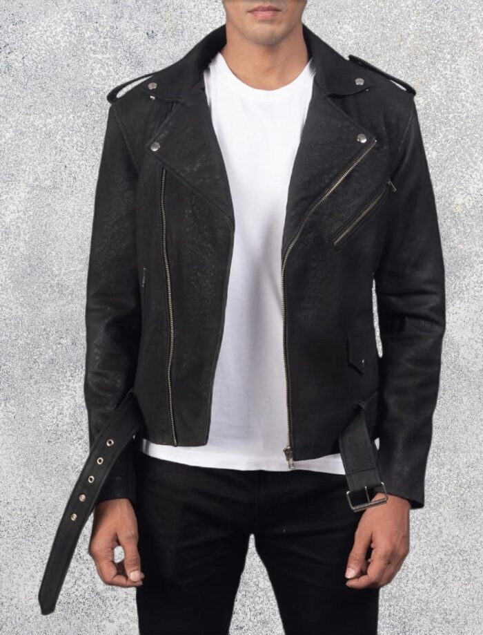 Havencroft Men's Distressed Black Leather Biker Jacket