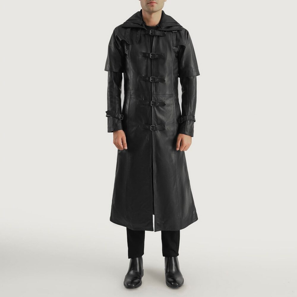 Nightshade Black Hooded Leather Trench Coat